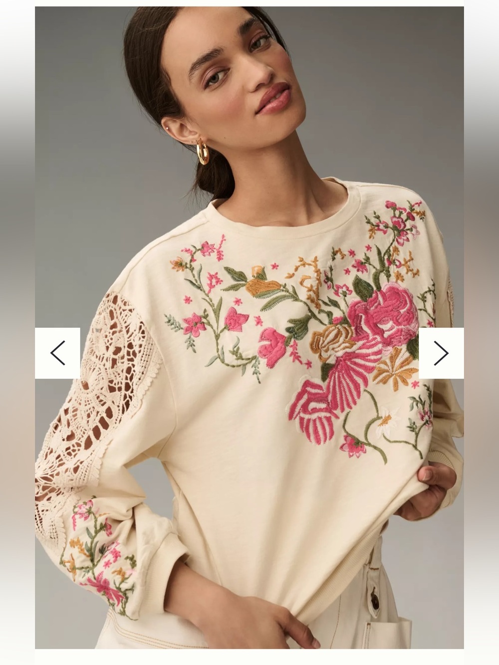 Anthropologie Cream Embroidered Floral Sweatshirt with Pink and Green Accents